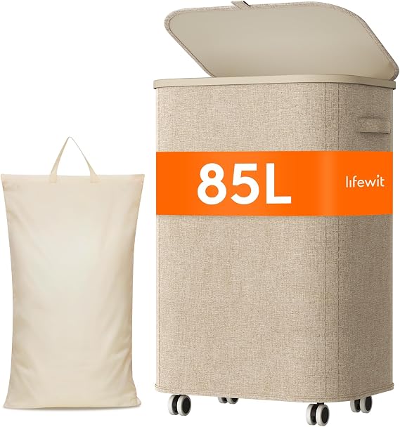 Lifewit 85L Foldable Laundry Basket with Wheels and Lid, Beige