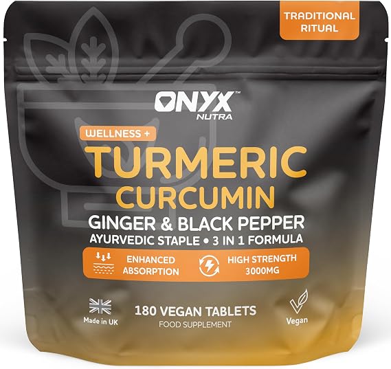 Turmeric and Black Pepper Tablets 3000mg with Ginger | High Strength Turmeric Curcumin Supplement, 95% Curcuminoids with Piperine | 180 Small Vegan Tablets, 3 Month Supply | Made in the UK
