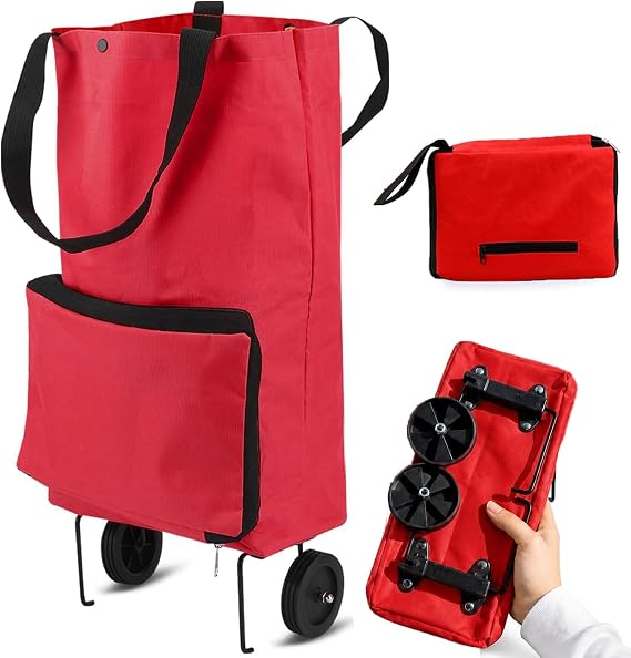 Collapsible Trolley, Folding Bag with Rubber Wheels -Foldable Shopping Cart