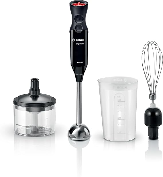 Bosch ErgoMixx – Hand Blender 1000 W, 12+1 Speed, Turbo, QuattroBlade, Chopper and Cup, Anthracite Black, MS61B6150 [Energy Class A]