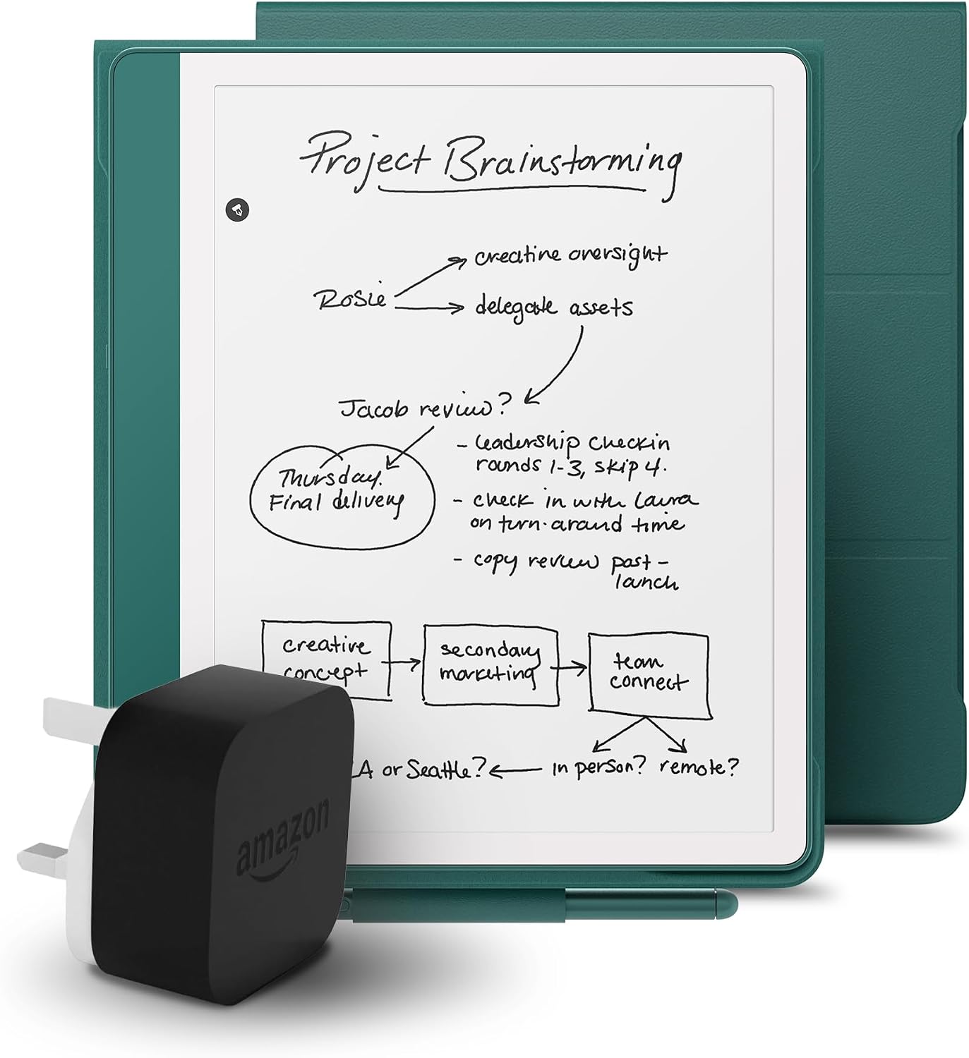 Kindle Scribe (2024 Release) 64 GB + Amazon Dark Emerald Premium Leather Cover + Amazon Powerfast 9W Power Adapter