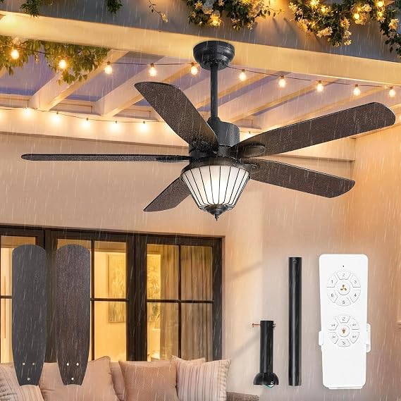 Outdoor Ceiling Fan with Lights, IP65 Waterproof, 52 Inch, Remote Control, 6-Speed Quiet DC Motor, 5 Dual Finish Blades, Farmhouse Ceiling Fan for Patios Porch Pavilion [Energy Class C]