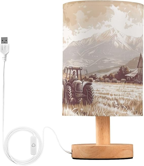 Farmer Driving A Tractor Bedside Table Lamp with USB Port, No Bulb Needed, Warm LED Light for Bedroom, Living Room, Office - Bedside Table Lamp for Reading, Study, Decor