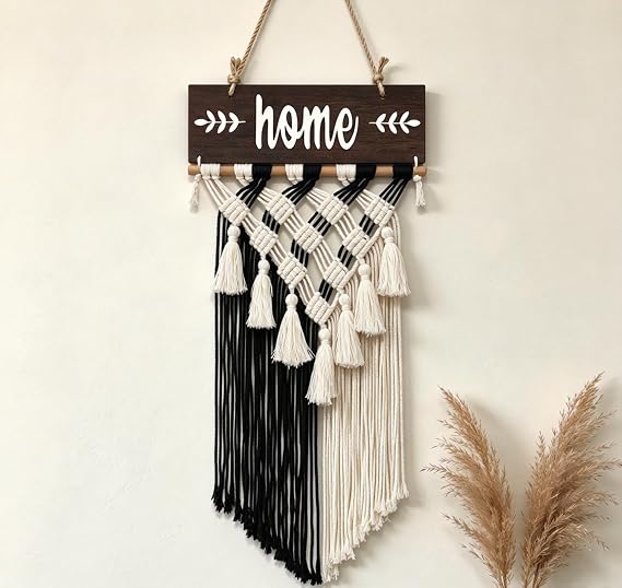 Boho Macrame Wall Hanging, Geometric Hollow Woven Tapestry with Home Sign, Handmade Cotton Rope Cross Tassel Aesthetic Wall Art Decor for Bedroom Living Room Front Door Home Ornament (Coffee)