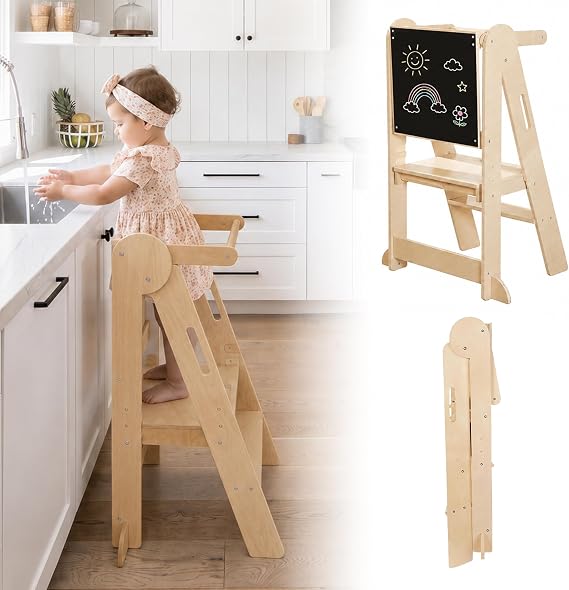 Toddler Learning Tower Foldable, Standing Tower 3-Level Adjustable Height