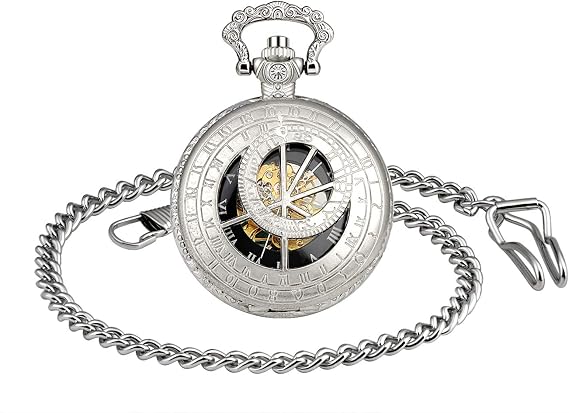 Unisex Mechanical Hand-Wind Pocket Watch 12 Constellations Skeleton Pocket Fob Watches with Chain