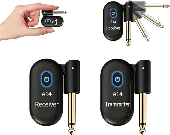 A14 Wireless Guitar System 2.4GHz 2 Modes, Thumb-Size, 90° Rotatable, 100ft Range, Wireless Guitar Transmitter Receiver Plug & Play for Guitar, Bass, Violin, Keyboard - Black (1TX + 1RX)