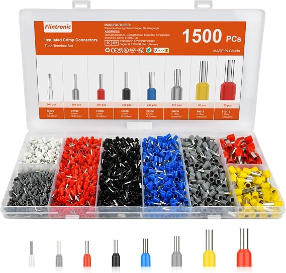 flintronic 1500Pcs Wire Ferrules kit, Electrical Connectors, Wire Terminal Ferrules Crimp Connector, Insulated Cord Pin End Terminal Great Assortment Ferrules Kit with Portable Box