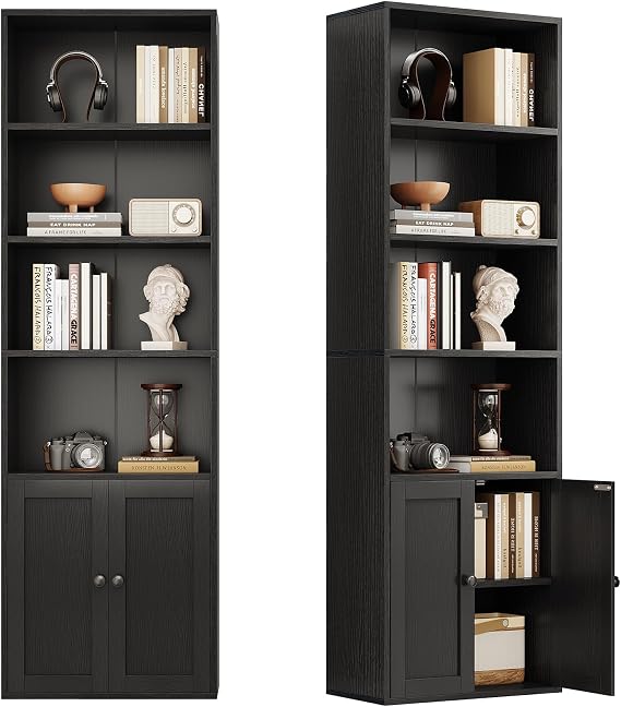 Coleshome 6-Tier Bookcase With Doors, Storage Cabinet, 176.4 cm, Black