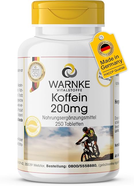 Caffeine Tablets 200 mg - 250 Tablets - High Dose & Vegan Warnke Vitalstoffe - German Pharmacy Quality