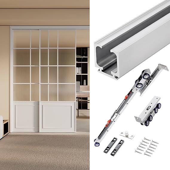 Soft Close Sliding Barn Door Hardware Kit 5.6ft Ceiling Mount Track System for Garage & Pocket Doors Easy Install with Smooth Rolling Mechanism