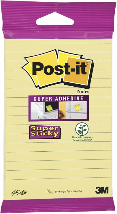 Post-it 6845 SLY Super Sticky Notes 102 x 152 mm, Liniert, 1 Block of 45 Blatt, Yellow