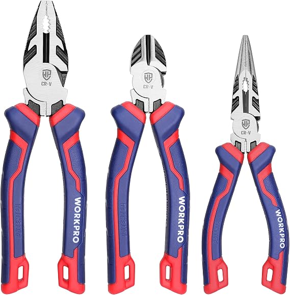 WORKPRO Pliers Set, 3-Piece Set, Strong Pliers, Radio Pliers, Angle Cut Pliers, Strong Nippers, Home Repair, Auto Car Repair, Steel Wire Cutting