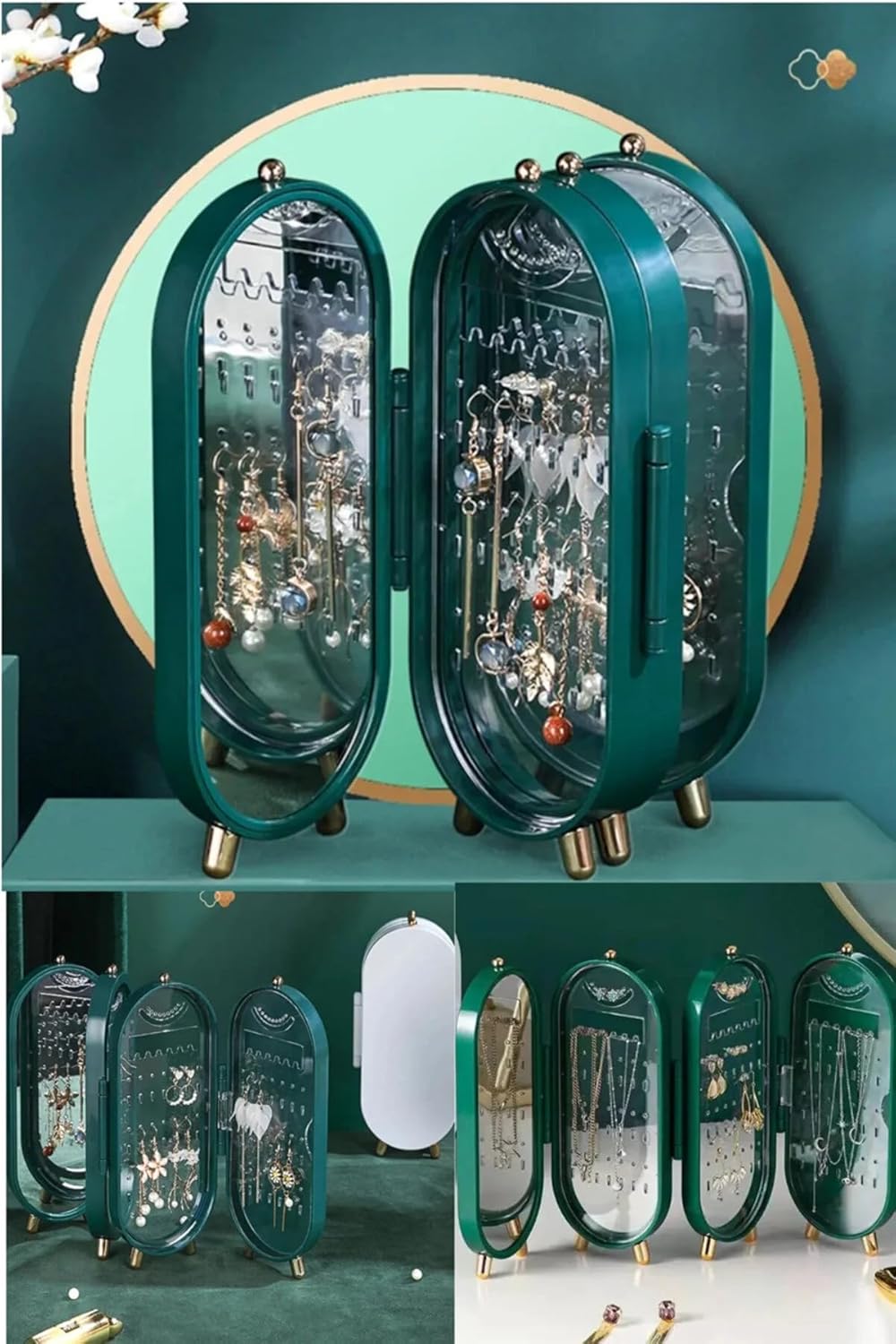 TİNEKE 4 Compartment Jewelry Organizer Mirrored Jewelry Strap Ring Stand, Earring Stand, Necklace Organizer GREEN