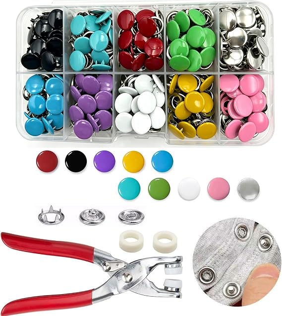 100 Sets Metal Snaps Buttons with Fastener Pliers Press Tool Kit Perfect for DIY Crafts Clothes Hats and Sewing (100 Colorful Colorful Solid Prong Snaps)