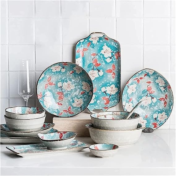 Dinnerware Set Luxury Family Dinner Service Set, Japanese Porcelain Dinnerware Set, Fine China Dish Set for 2~10, Flower Patterned Dishware Sets with Bowl Soup Plate, Gre(23Pcs)