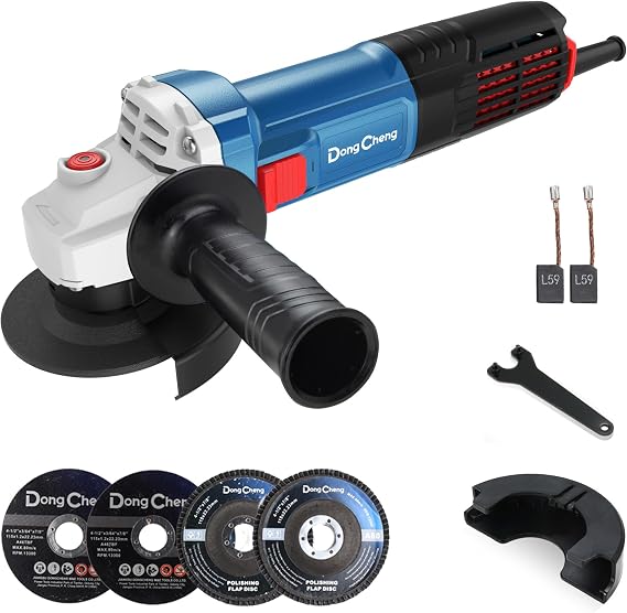 Dong Cheng 1100W Angle Grinder 115mm, 11800RPM, 2 Safety Guards, 4 Discs
