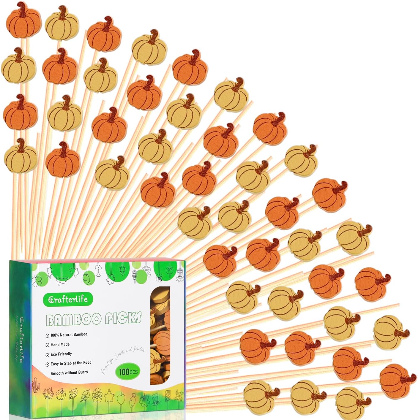 Fall Toothpicks - 100pcs Pumpkin Maple Leaf Cocktail Picks, Bamboo Wood, for Halloween, Fall Theme Party Decoration Supplies