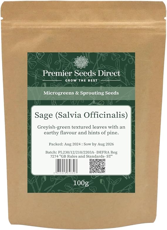 PREMIER SEEDS DIRECT - MICROGREEN Seeds - SAGE (SALVIA OFFICINALIS) (25 Grams)