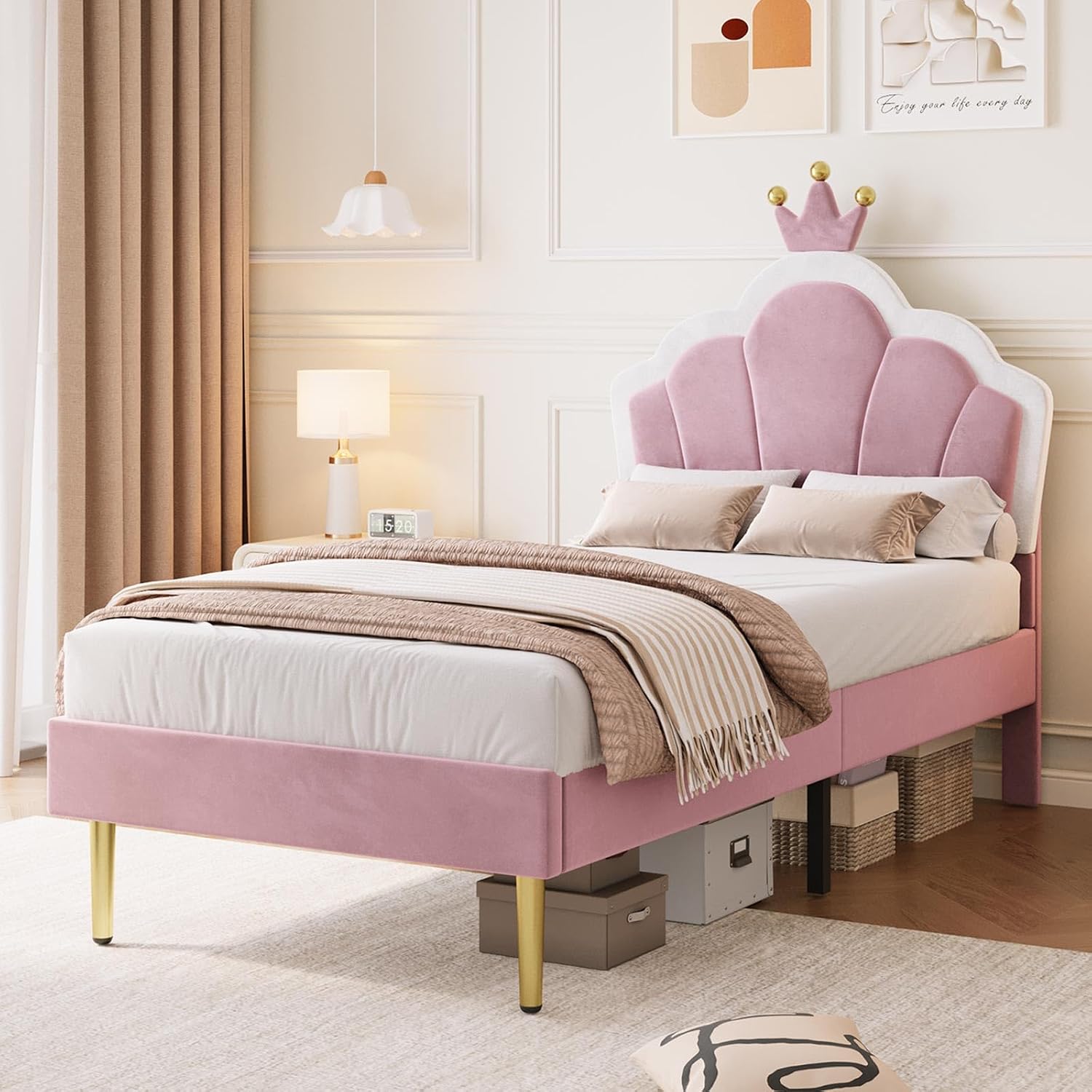 Single Bed Frame, Soft Velvet Upholstered Bed, 3ft Shell Shape Bed with Removable Crown, Adjustable Headboard, Golden Iron Legs, Wooden Slatted Frame, 90  190cm, Pink