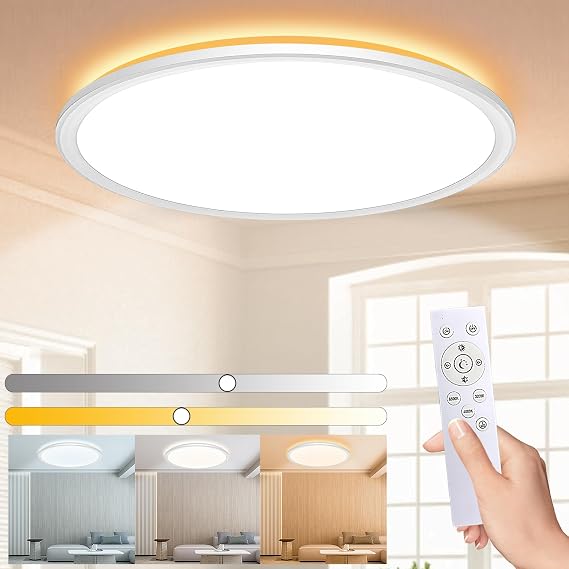 Led Ceiling Light Dimmable Ceiling Light 3000K, 4000K, 6500K 10 Level Brightness Adjustment, 24W 3000Lm Flush Led Ceiling Lights with Remote Control for Bathroom Bedroom Kitchen [Energy Class D]