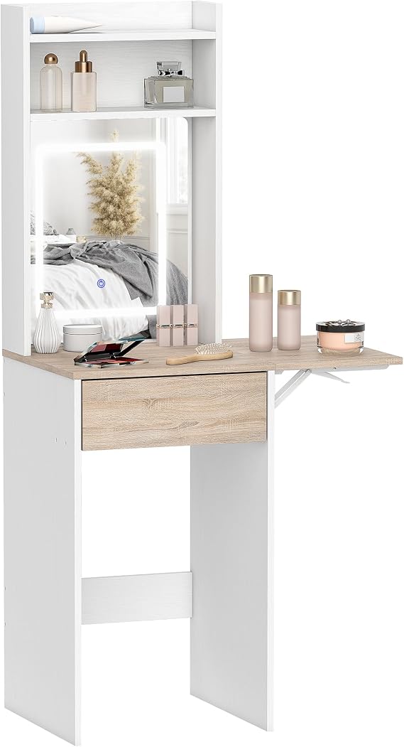 HOMCOM Small Dressing Table with Mirror LED Lights White and Natural Wood