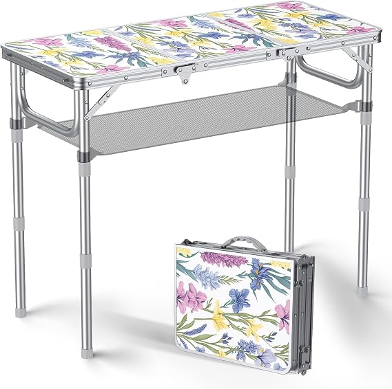 Anbte 3ft Folding Camping Table with Storage Net & bag, 3 Adjustable Height Max 27.5" Outdoor Folding Table Lightweight, Portable Handle for Outdoor Indoor Camping Beach RV Picnic, Blooming Floral