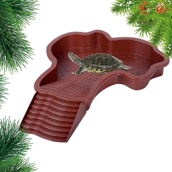Basking platform for aquatic turtles, Reptile Hide Resting Step Ledge, Turtle Waterer, Turtle Pool Feeder, Turtle Pond Water Dish with Ramp, Reptile Water Bowl with Ladder(Red)