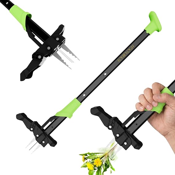 Weed Puller Root Remover, Stand up Hand Weed Remover Tool with 4 Claws, Long Handled Weeding Tool for Garden Lawn, Weeder Tool for Dandelion, Green, 100 CM