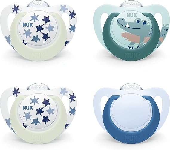 NUK Star Day & Night Pacifier | 18-36 Months | Calms 99% of Babies | BPA-Free Silicone Pacifiers | Glow in the Dark to Find at Night | Crocodile | 4 Pack