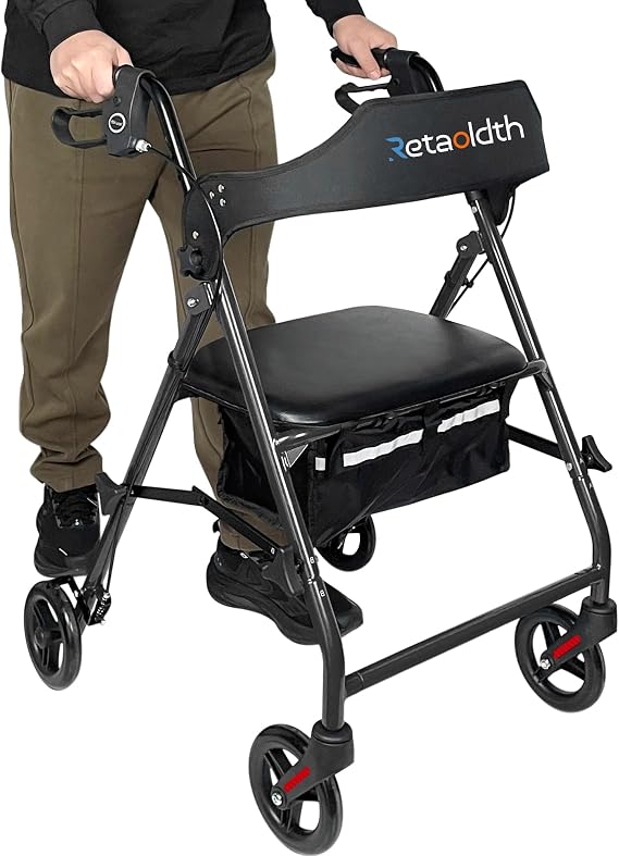 Foldable Rollator Walker with Seat for Seniors, Easy Folding & One-Hand Carry, Walkers for Seniors All-Terrain Wheels, Height Adjustable Lightweight Rolling Walker for Elderly, Black