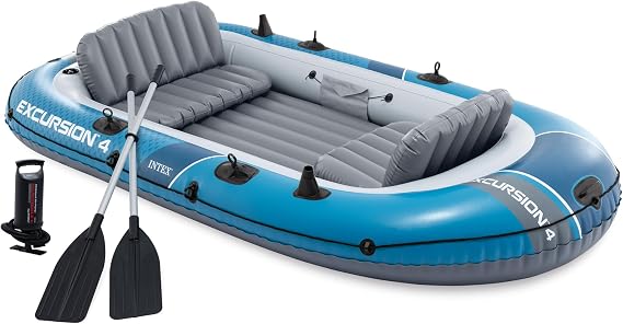 Intex Excursion Inflatable Boat Series: Includes Deluxe 54in Boat Oars and High-Output Pump – SuperTough PVC – Adjustable Seats with Backrest – Fishing Rod Holders – Welded Oar Locks