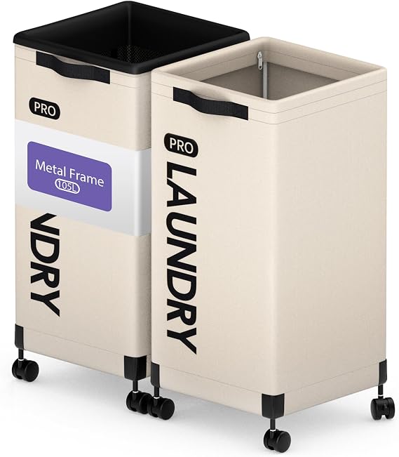 Caroeas Next-Gen 105L Matel Frame Laundry Basket with wheels, Heavy Duty Tall Rolling Laundry Hamper with Removable Wash Bag, Collapsible Freestanding Clothes Hamper (105L,Beige,2Pack)