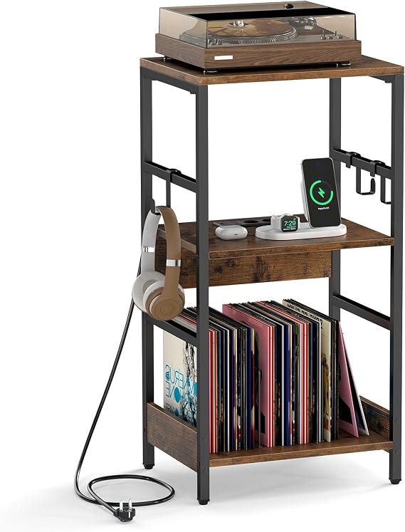 COSTWAY Record Player Stand with Charging Station, 3-Tier Turntable Stand End Sofa Side Table with Shelves & 3 Hooks, Albums Vinyl Record Storage Cabinet Holder for Living Room Bedroom, Rustic Brown