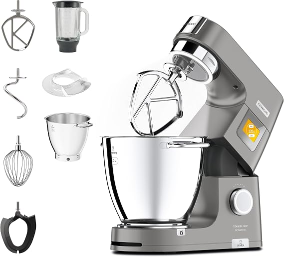 Kenwood Titanium Chef Patissier XL KWL90.034SI Food Processor with Integrated Scales &amp; 7 L Mixing Bowl with Heat Function 1400 Watt incl. 4 Piece Patisserie Set Silver