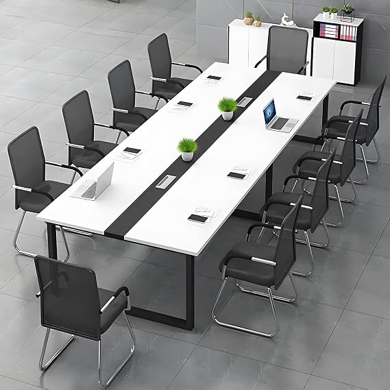 Large Conference Table for Meeting Room, Long Rectangular Desk for 6-20 People with Cable Management, Adjustable Foot Pads, Easy Assembly (Chairs Not Included) (White + Black)