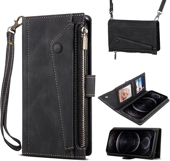 Wallet Case for Google Pixel 9 Crossbody with Wrist Strap and [RFID Blocking] Credit Card Holder, PU Leather Flip Zipper Cover, Black