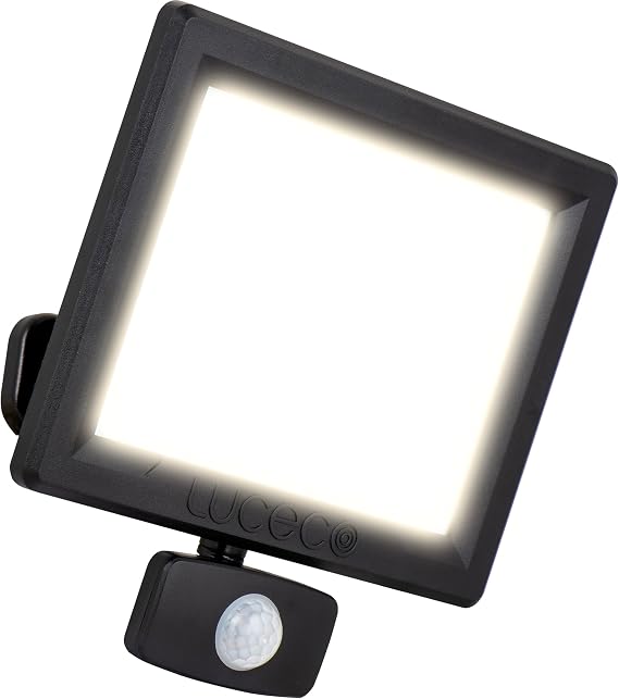 Luceco Outdoor Security LED Floodlight with PIR Motion Sensor for Driveways, Walkways and Gardens, Fit & Tilt Multi-Positioning, Exterior Lighting, Essence, Black, IP65, 50W, 5250lm, 4000K, EFLD50B40P [Energy Class A]