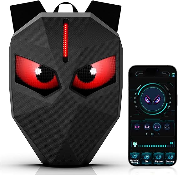 Luocute LED Riding Backpack, 3D Hard with Programmable Screen 60x32 Pixels, Motorcycle Bag with LED Eyes for APP Control, Large Storage for Travel Cycling Riding