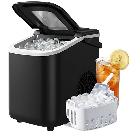 HOMCOM Ice Maker Machine Countertop, 12kg/24H, 9 Cubes in 7 Mins, 2 Sizes, Self-Cleaning Portable Ice Cube Maker with Handle, Scoop & Basket for Home Office Kitchen RV, Black