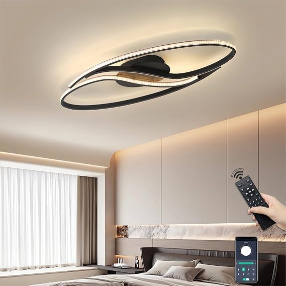 Dimmable Oval LED Ceiling Light, Modern Black Ceiling Lamp, Ceiling Lighting with Remote Control app, Creative Silicone Indoor Lighting, for Living Room, Bedroom Dining Room (L60cm30w) [Energy Class B]