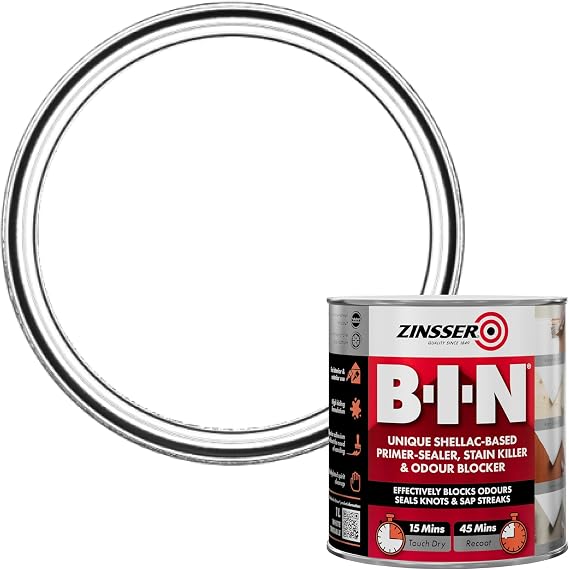 Zinsser BIN Primer-Sealer & Stain Killer 1 Litre White Finish | Blocks Odours, Seals Knots and Sap Streaks