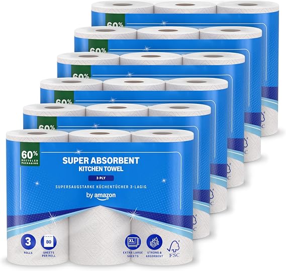 by Amazon Super Absorbent Kitchen Paper, 3 Ply, 18 Rolls (6 Packs of 3), 80 Sheets per Roll, FSC Certified (formerly Presto!)