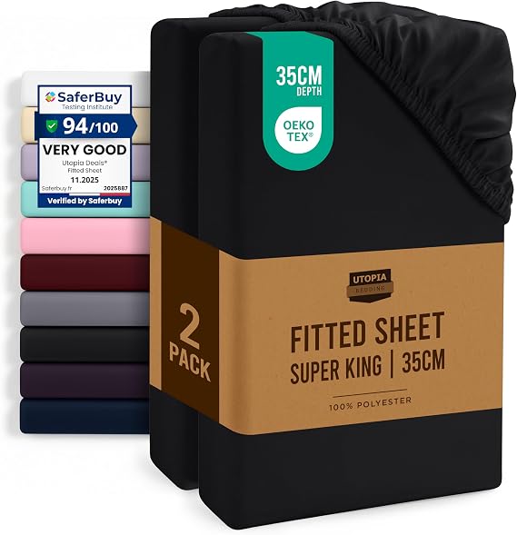 Utopia Bedding Fitted Sheet Super King (2 Pack), Black