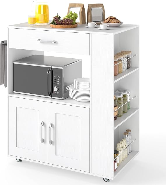 TANGZON Kitchen Storage Trolley on Wheels, Kitchen Island with Large Cabinet, Drawer, Open Shelf, 3 Spice Racks & Towel Rack, Wooden Countertop Utility Serving Cart (No Power Outlet, White)