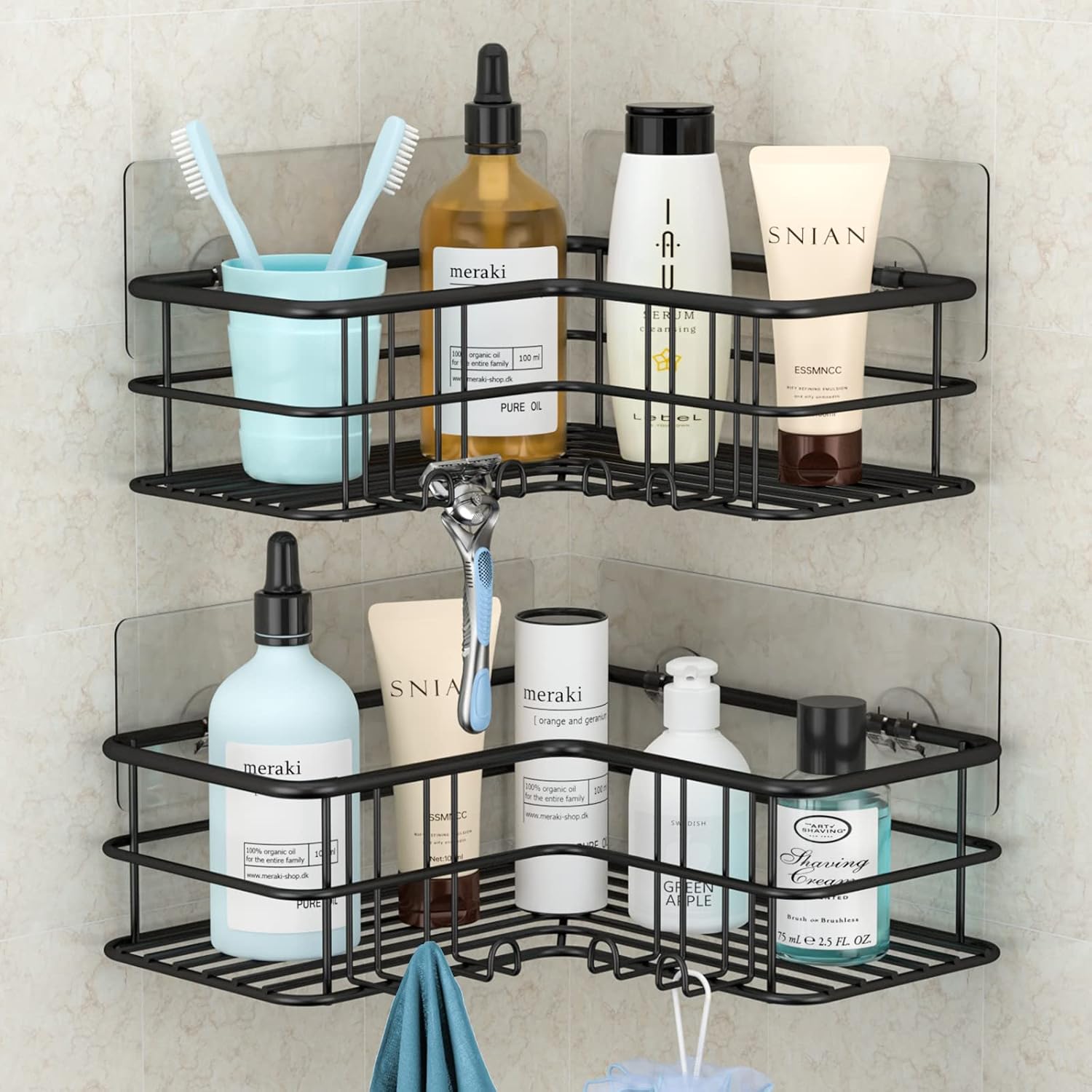 Menbyci 2 Pack Corner Shower Caddy, Adhesive Bathroom Shelf with 8 Hooks, Rustproof Stainless Steel Bathroom Organizer, No Drilling Shower Shelves Basket Wall Storage Rack Shampoo Holder Black