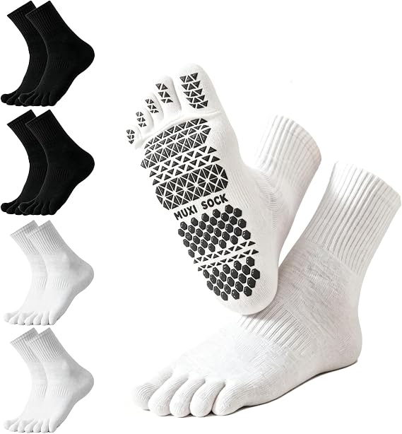 Five Toe Socks for Men, 4 Pairs Non-Slip Grip Socks, Pure Cotton Five Finger Sports Socks for Pilates, Running, Gym, Walking & Hiking