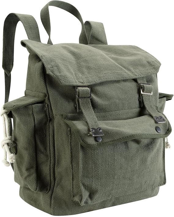 Vintage Canvas Backpack Webbing Rucksack 100% Cotton Army Style Satchel with Side Pockets - Work Travel School Bag