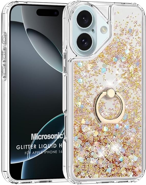 Microsonic Apple iPhone 16 için Kılıf Glitter Liquid Holder Gold [iPhone 16 ile Uyumlu Kılıf - Gold]