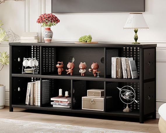 LVB Black Horizontal Bookshelf, Modern Cube Storage Organizer Bookcase, Industrial Wide Long Wood Metal Book Shelf, Farmhouse Low Large Cube Shelf for Office Home Bedroom Living Room, 160 CM
